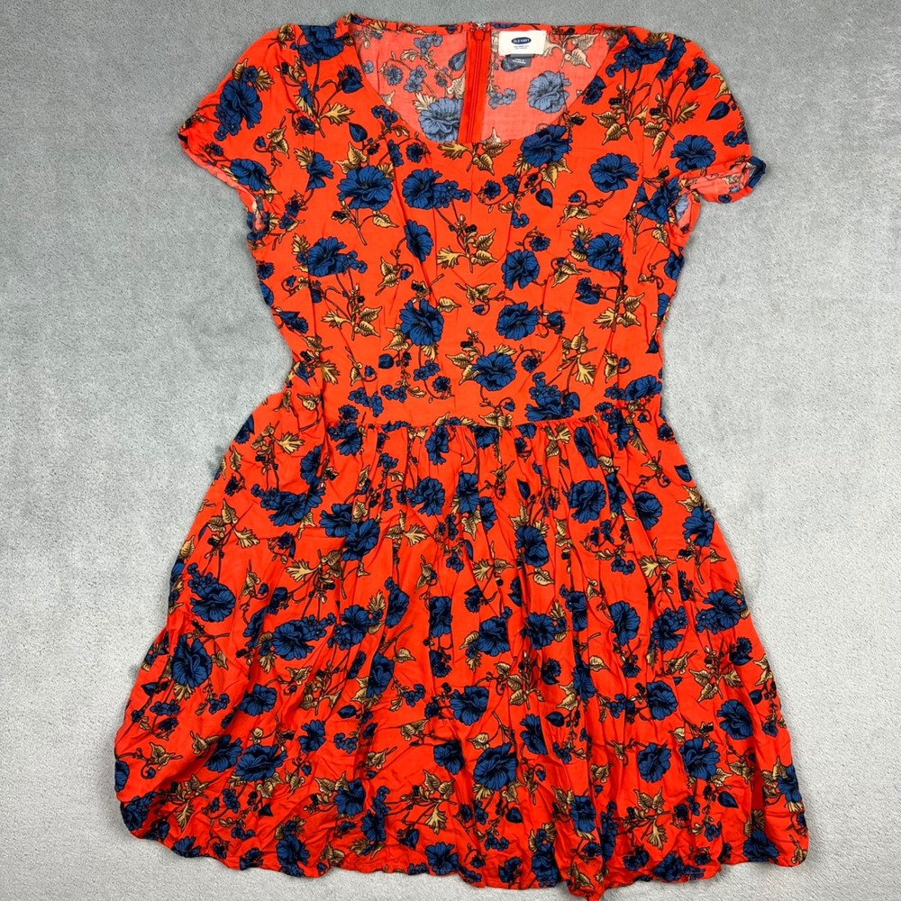 Old Navy Womens 6 Orange Blue Floral Rayon Fit & Flare Short Sleeve Mini Dress
